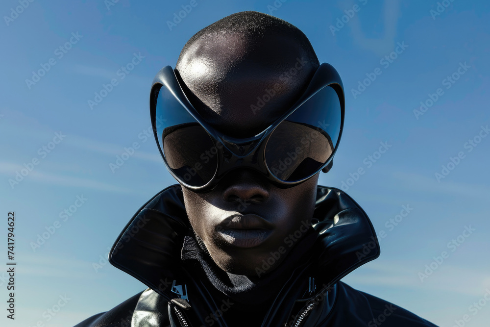 A cool and confident man sporting a leather jacket and sunglasses gazes at the sky, his eyewear reflecting the vast expanse of the great outdoors A cool and confident man sporting a leather jacket and sunglasses gazes at the sky, his eyewear reflecting the vast expanse of the great outdoors