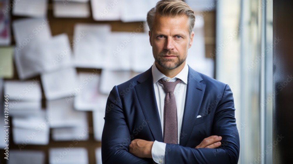 Confident businessman standing with arms crossed in front of papers
