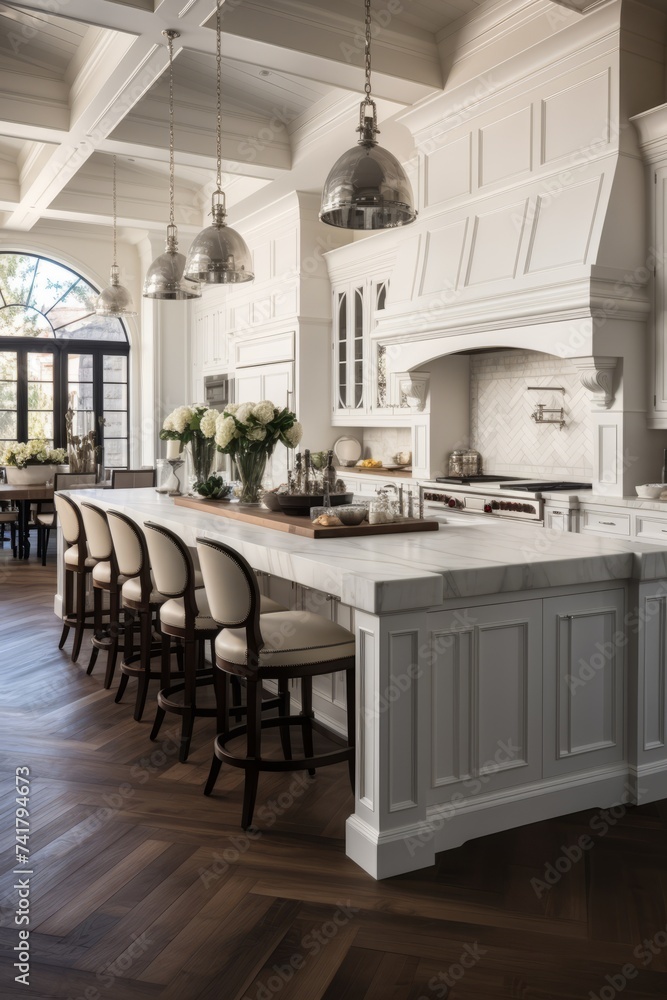 White kitchen with large marble island and wood herringbone floor