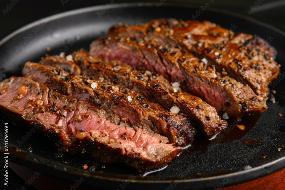 Beef steak on a black plate