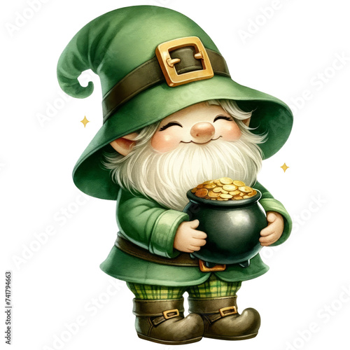 Cute happy gnome St Patricks Day leprechaun holding pot of gold coins, watercolor, celebration, isolated on transparent background © BussarinK
