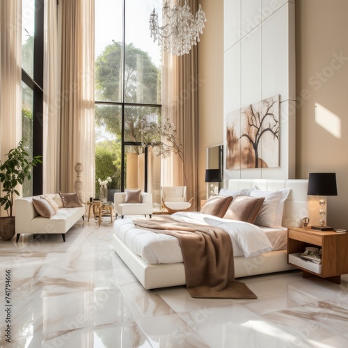 Modern luxury bedroom interior design with large windows and marble floor