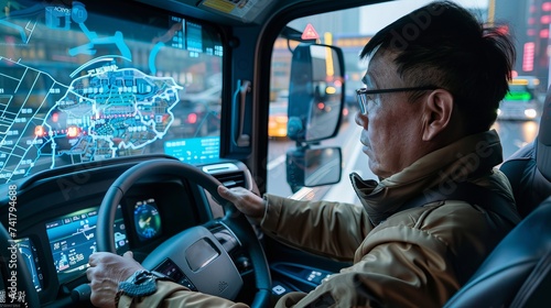 In China in 2050, a 40-year-old male truck driver checks data in the cockpit as well as cargo information. A driver interested in technology