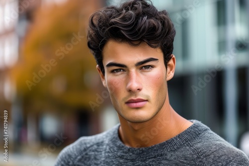 Portrait of a handsome young man with wavy brown hair wearing a gray sweater