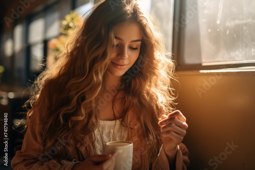 portrait of a beautiful young woman with long blond hair sitting in a cafe and holding a cup of coffee