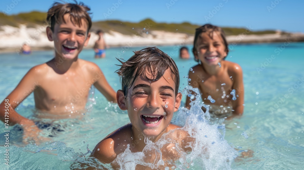 Three happy boys playing in the sea
