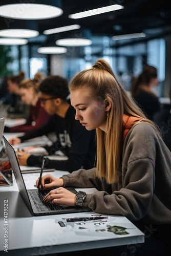 Focused young female student using laptop and stylus in library