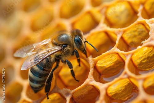 Bees are eating golden honey from honeycombs that are filled with nectar sitting on frame AI Generation © ungvar