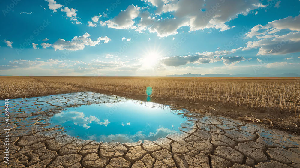 Fresh Puddle Puddle of water in parched field with cracked soil. Drought, climate ...