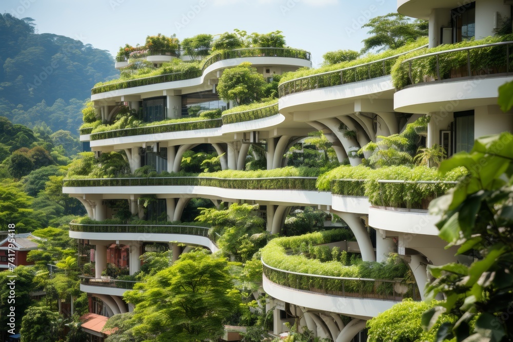 Modern buildings with lush greenery on balconies against an urban backdrop.