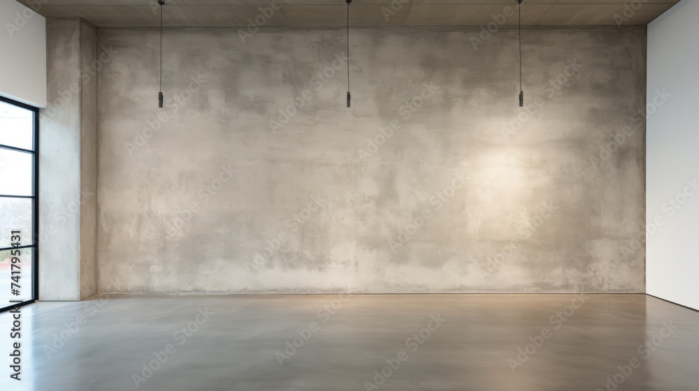 Three pendant lights hang from the ceiling of an empty room with a concrete wall and floor Three pendant lights hang from the ceiling of an empty room with a concrete wall and floor