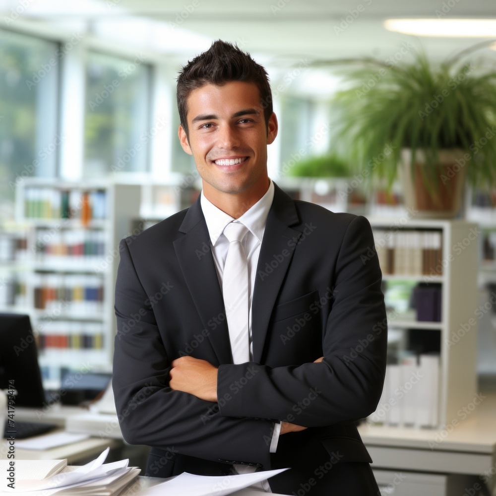 Young professional man in suit standing in office Young professional man in suit standing in office