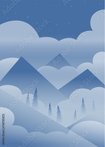 Aesthetic blue mountains among clouds landscape. Evening panorama with forest poster