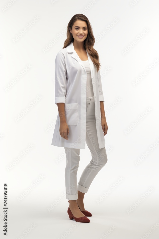 Caucasian female doctor wearing a white lab coat Caucasian female doctor wearing a white lab coat
