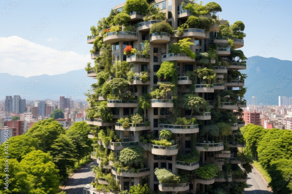 Modern buildings with lush greenery on balconies against an urban backdrop.
