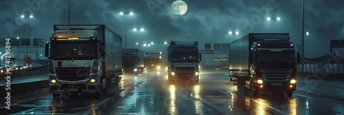 various trucks on the highway in a traffic jam at night the moon is shining and it's a nice atmosphere with light fog or rain, captured by Phantom High Speed camera photo