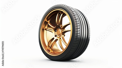 Car tire, aluminum wheels, wheel car, and gold color isolated on a white backdrop. photo