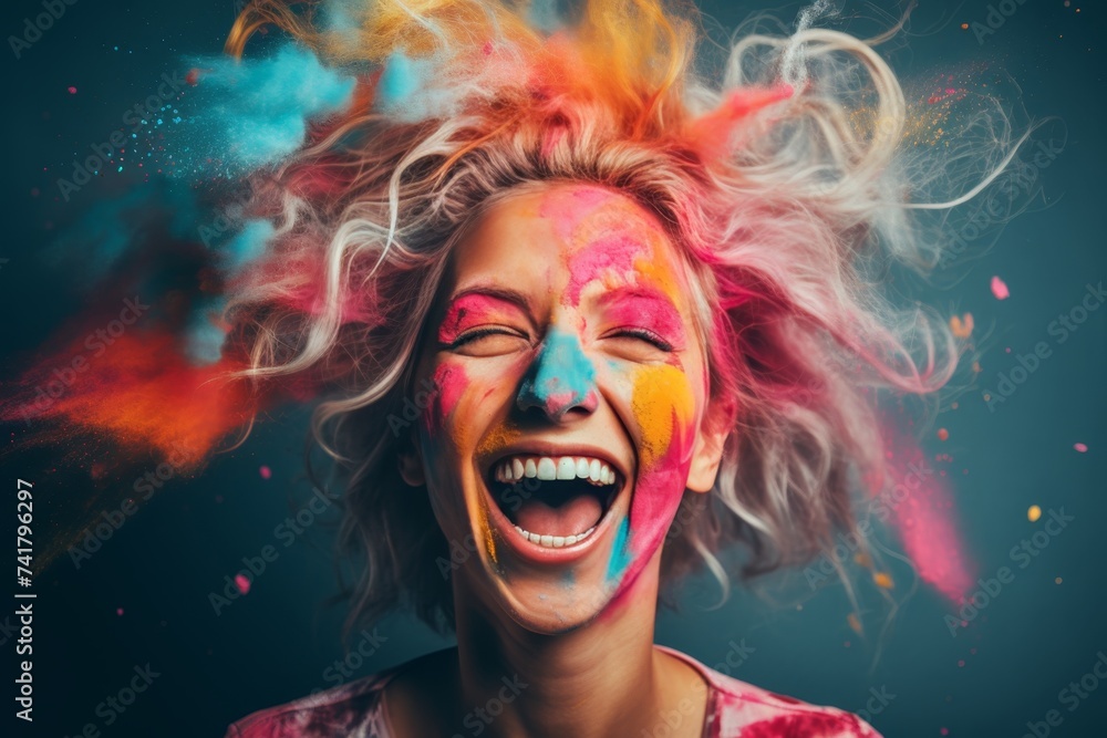 Happy young woman smiling with colorful pink and blue holi powder celebrating spring festival