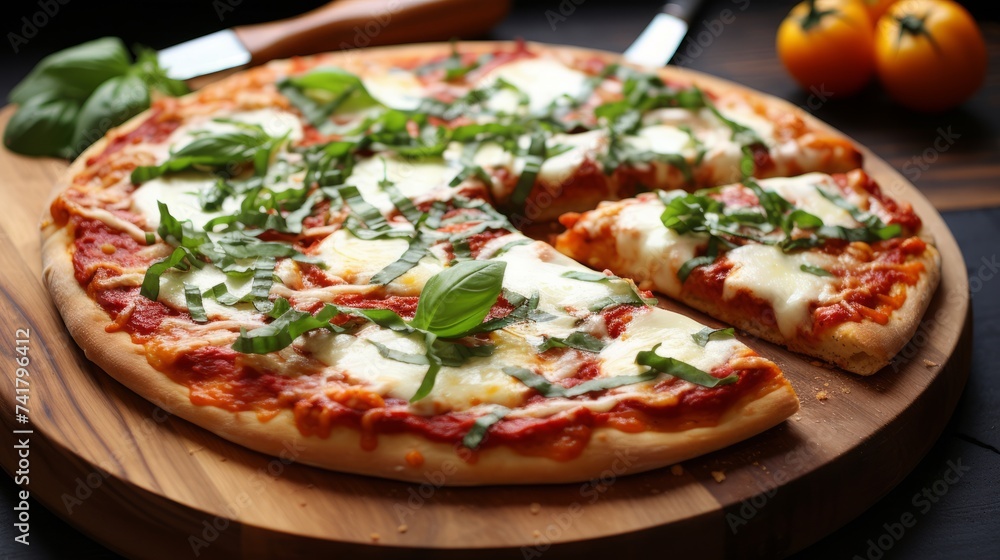 A delicious pizza with basil leaves on a wooden board A delicious pizza with basil leaves on a wooden board