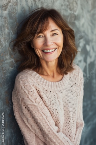 portrait of a smiling mature woman with brown hair wearing a pink sweater