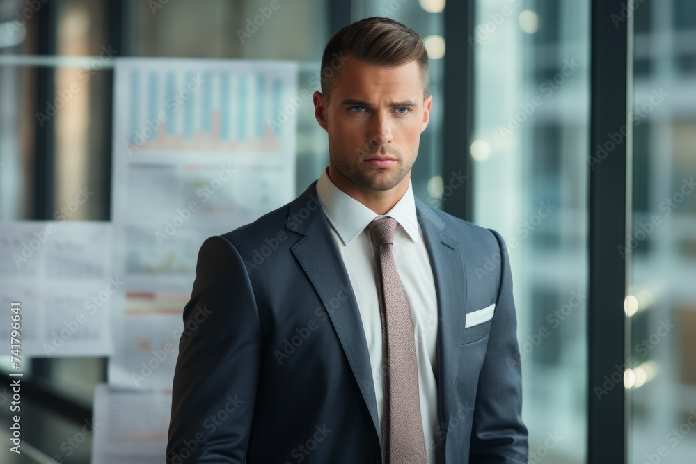 Portrait of a young professional man in a suit standing in an office Portrait of a young professional man in a suit standing in an office