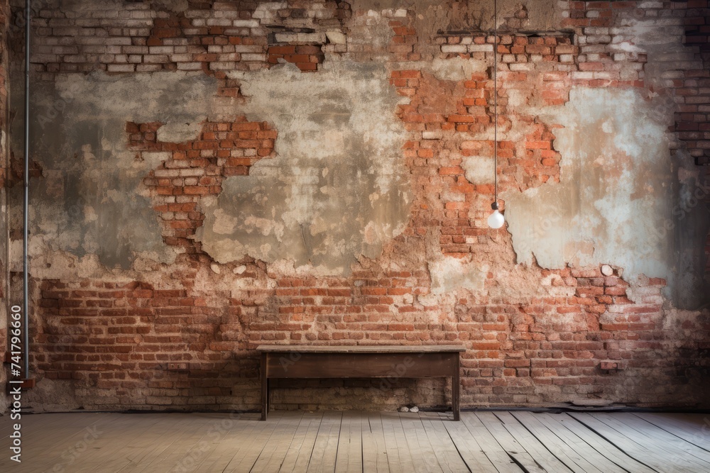 An old brick wall with a wooden bench in front of it - obrazy, fototapety, plakaty 