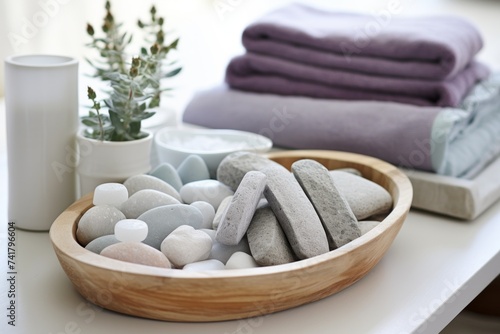 Spa stones and towels on table