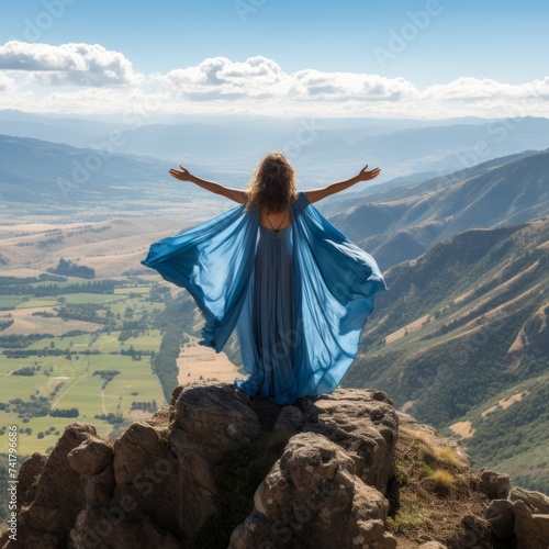 A woman wearing a blue dress standing on a cliff with her arms outstretched enjoying the view
