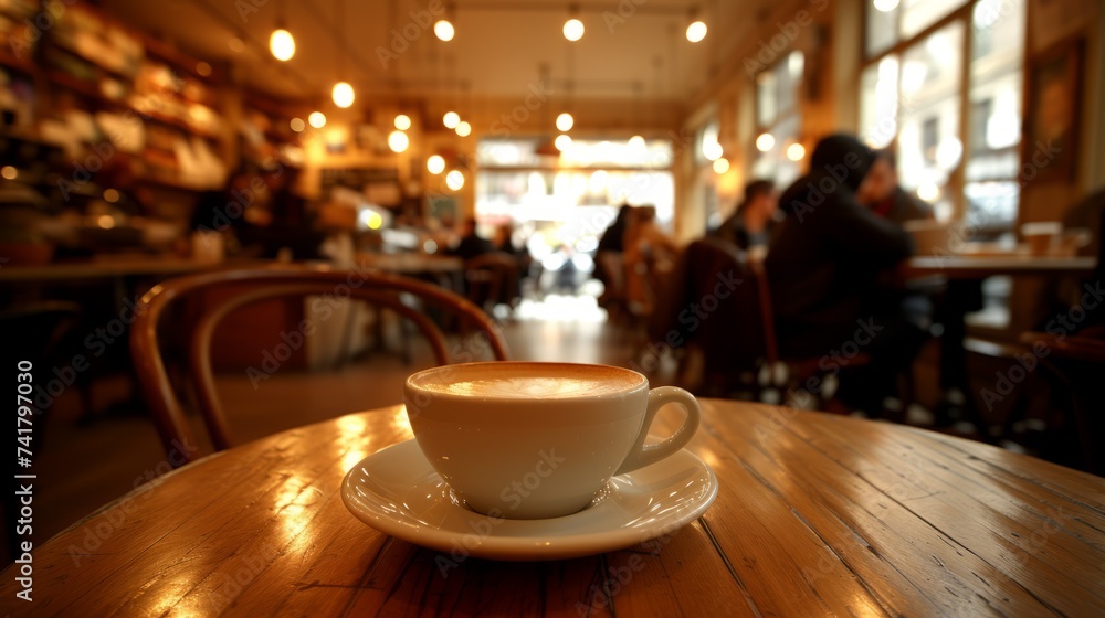Coffee cup on a wooden table in a cafe with people in the background Coffee cup on a wooden table in a cafe with people in the background