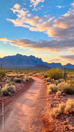 A dirt road winds through a desert landscape with mountains in the distance