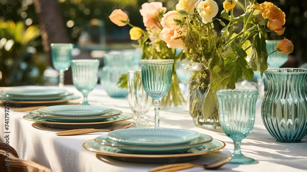 Dining Table Cutlery Setup Party Alfresco Close view on sophisticated table arrangement featuring green ribbed plates and golden cutlery on soft blue tablecloth. Accentuated by vintage style glass Dining Table Cutlery Setup Party Alfresco Close view on sophisticated table arrangement featuring green ribbed plates and golden cutlery on soft blue tablecloth. Accentuated by vintage style glass