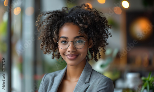Portrait of happy successful African American woman in suit and glasses standing in modern office