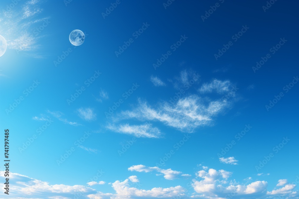 Blue sky with white clouds and a moon