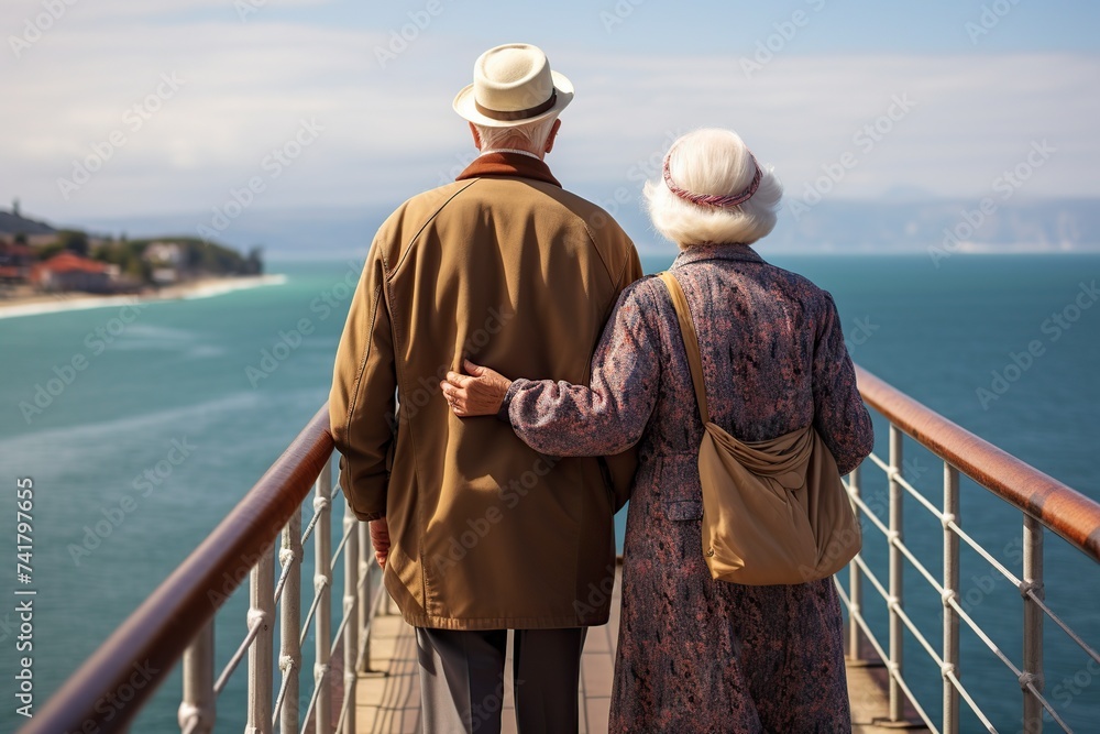 elderly couple walks very lovingly and together enjoying a cruise