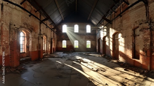 An abandoned factory building with broken windows and sunlight shining through the roof