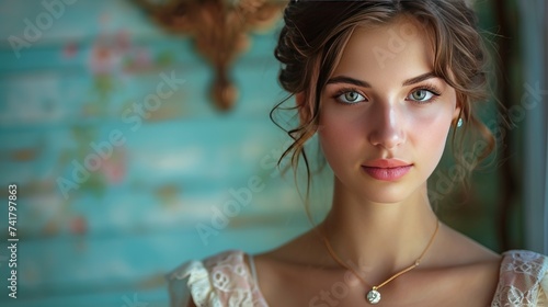 macro photo, gold jewelry with a diamond on the girl's neck, she touches it
