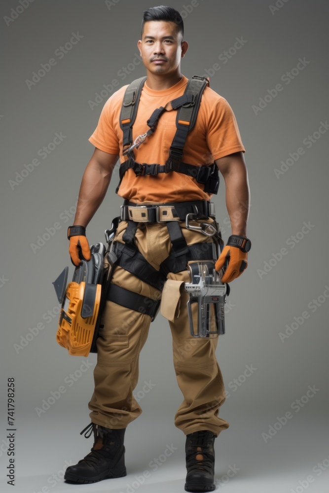 A construction worker wearing a safety harness and carrying a chainsaw A construction worker wearing a safety harness and carrying a chainsaw