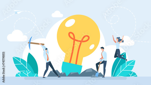 Business idea concept. Flat tiny businessman character dig success light bulb with pickaxe. Concept of brainstorming and creating. Man digging with a shovel to find an idea. Vector illustration.