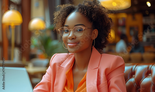 African american woman freelancer in pink suit sitting in modern cafe or office and working on laptop