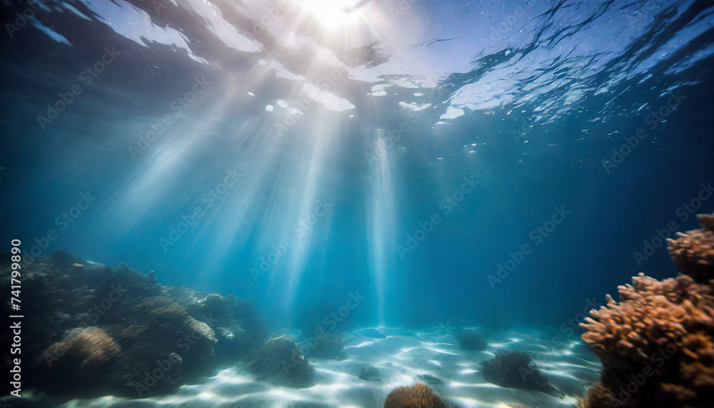 Fototapeta premium Ocean floor underwater seascape with reef, water surface and tropical island on top, undersea scenery