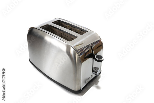 A stainless steel toaster with double long slot and wide slot, for all types of bread. Isolated on a white background.
