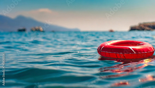 Safety equipment, life buoy or rescue buoy floating on sea, inflatable ring for emergency.