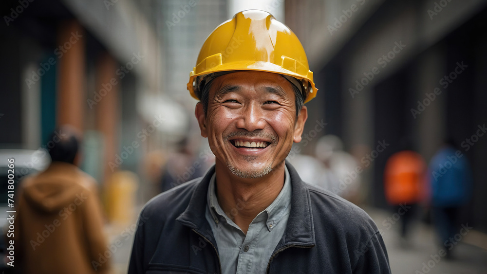 Asian man in a construction helmet Asian man in a construction helmet