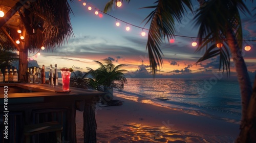 A view of a beach with a bar and palm trees