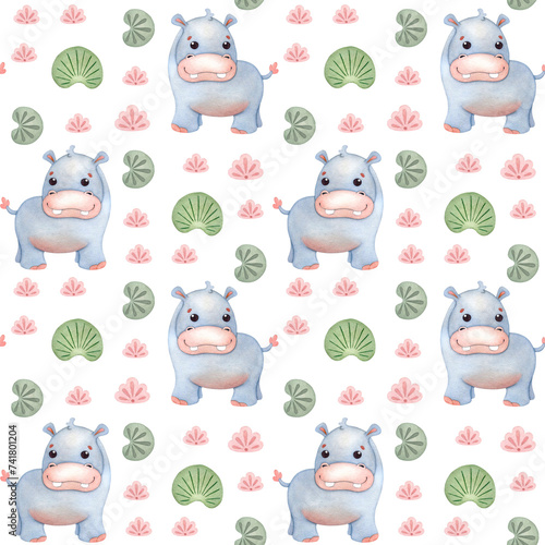 eamless pattern with cute hippopotamus and lotus leaves. Childish watercolor background with African animals, isolated on white background, hand drawn in cartoon style. For print, wallpaper, textile. photo