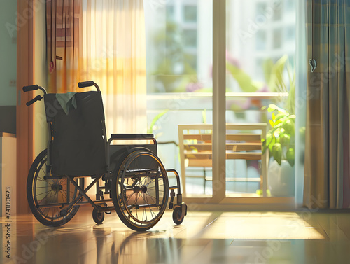 Empty Wheelchair and bed at Hospital. Room for the elderly in the nursing home.