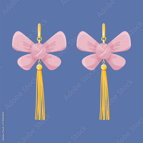 Gold dangle Chain long earring with golden chain and pink bow. Modern Trendy Women Accessories jewelry Vector illustration