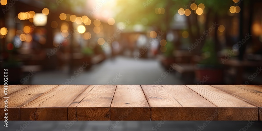 Wooden table in front of blurred cafe background, suitable for product display.