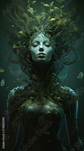 manifesting the ultra detailed visage of a furious dryad goddess Generative AI