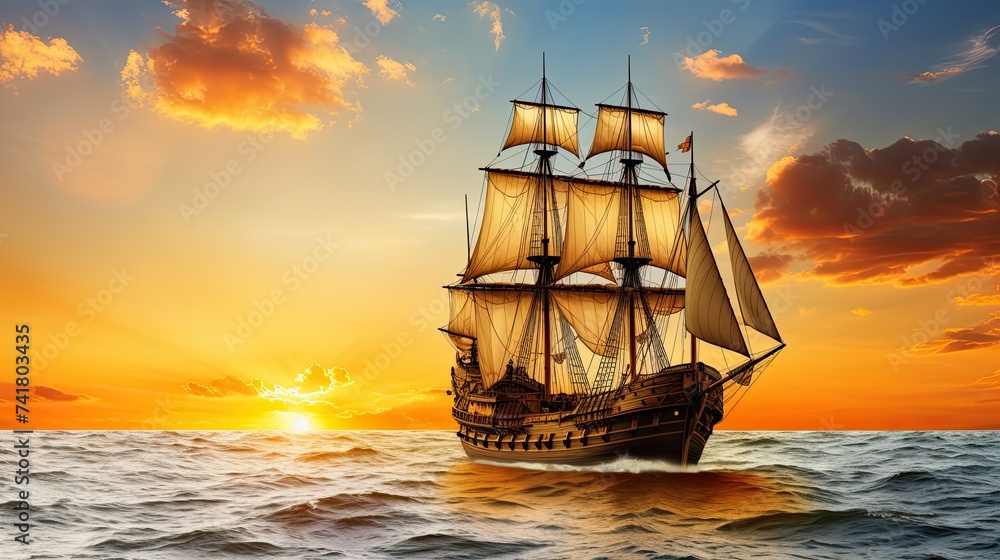 Obraz premium Small sailing ship in the open sea at sunset. The Golden Horizon, a magnificent vessel from the 17th century, adorned with golden accents and a grandeur that captures the imagination.